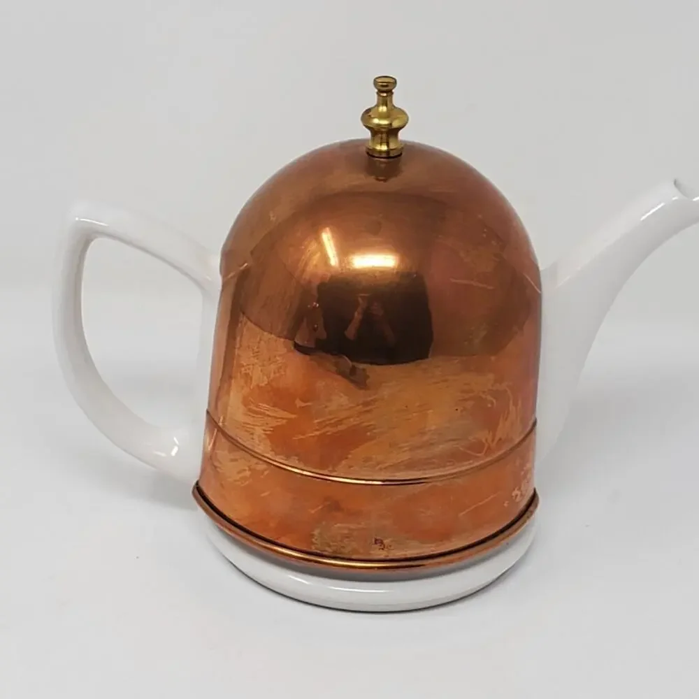 Mid Century Modern Copper insulated white porcelain tea pot 3.5 Cup